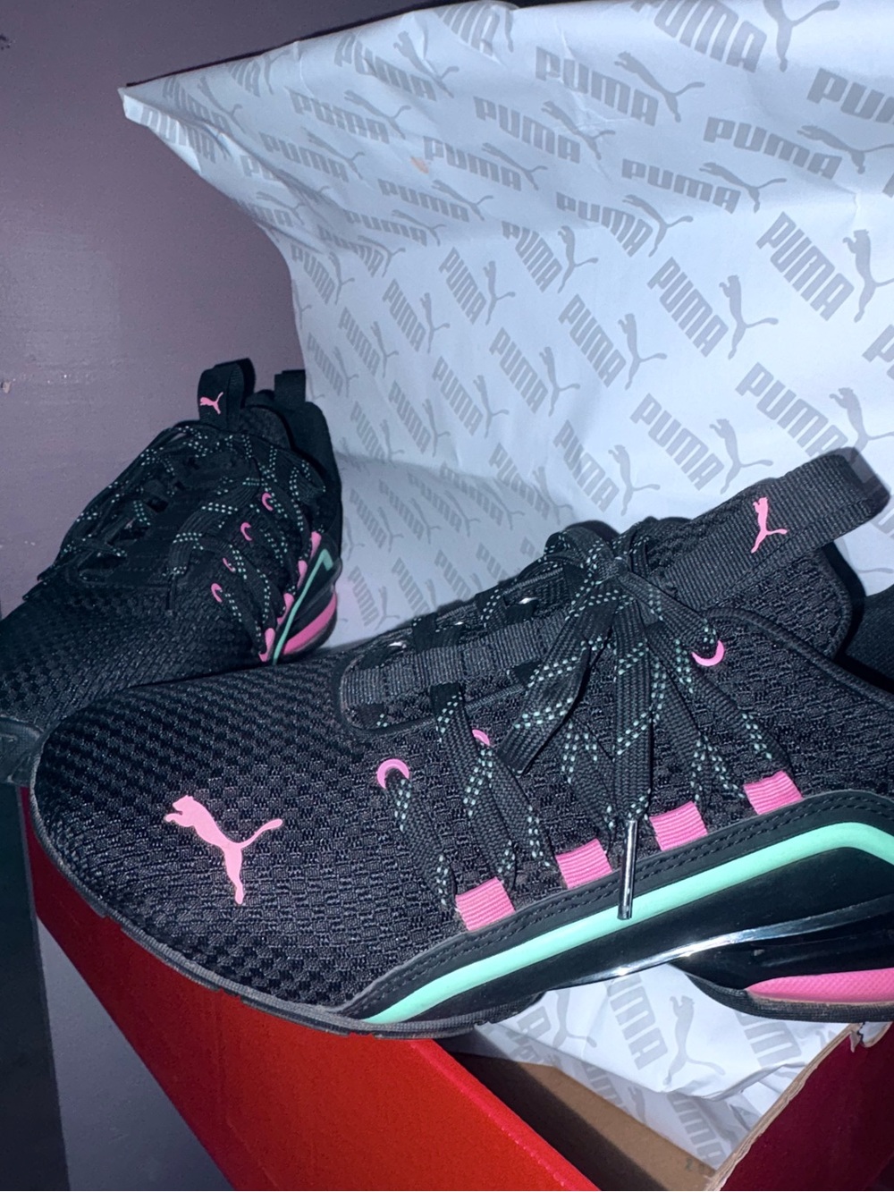 Puma Women's Black Athletic Sneakers with Pink & Teal Accents